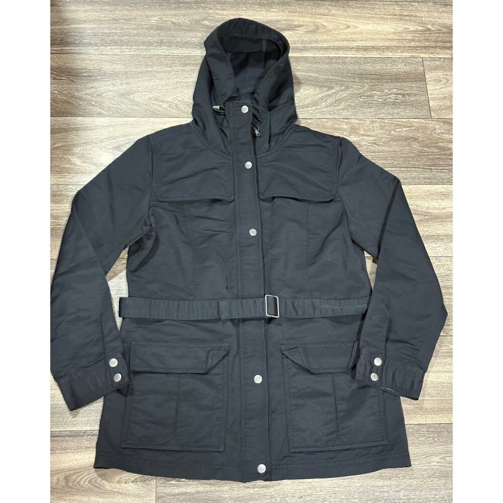 J.CREW WOMENS BLACK UTILITY COAT JACKET SIZE M HOODED BELTED LIGHTWEIGHT POCKET